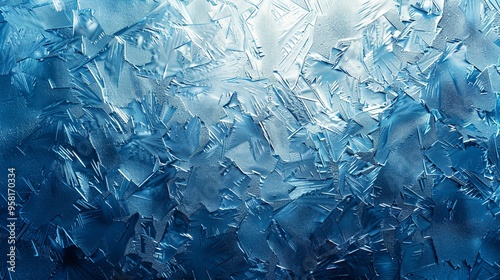 Abstract Blue Frost Pattern on Glass Surface photo