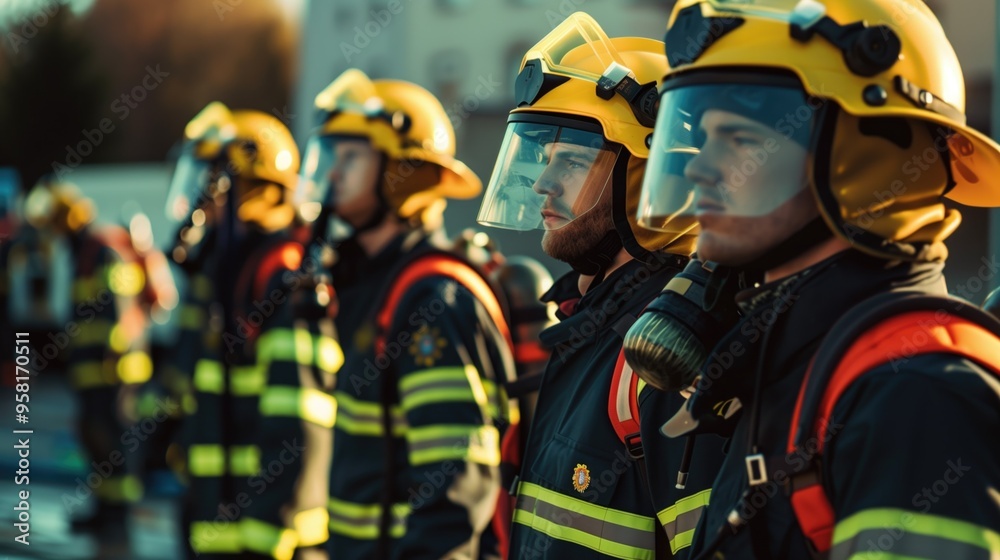Brave Firefighters in Protective Gear Standing in Line During Training Drill Brave Firefighters in Protective Gear Standing in Line During Training Drill