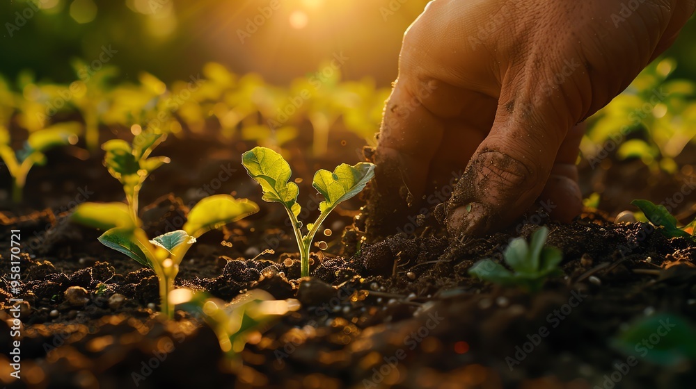 Fototapeta premium Farmer planting seeds. AI generated image