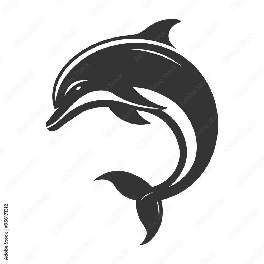 Obraz premium Silhouette of playful dolphin in water. Vector icon or logo.