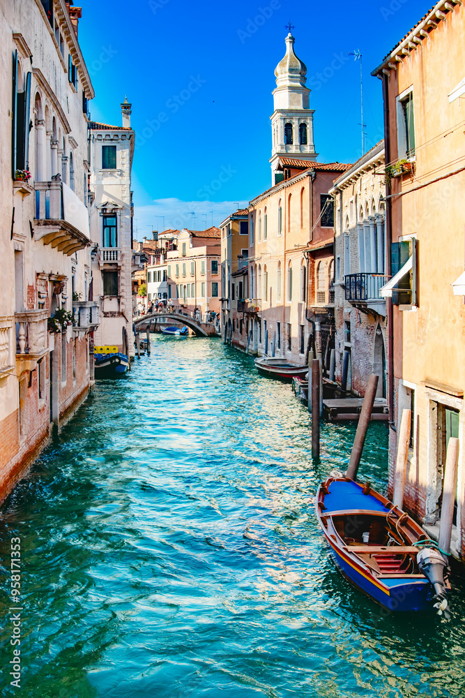A stunning and beautiful view of a picturesque Venice canal, showcasing vibrant architecture and tranquil waters A stunning and beautiful view of a picturesque Venice canal, showcasing vibrant architecture and tranquil waters
