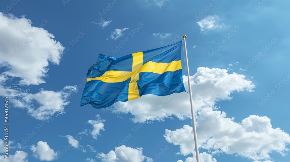 A blue and yellow flag with a white cross is flying in the sky A blue and yellow flag with a white cross is flying in the sky