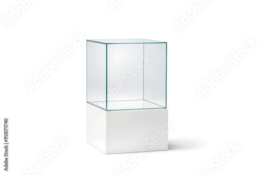 Blank white glass box podium mockup, isolated, 3d rendering. Empty transparent showcase mock up, side view. Clear exhibition cube for museum or store. Cube acrylic template. Display cabinet for expo. photo