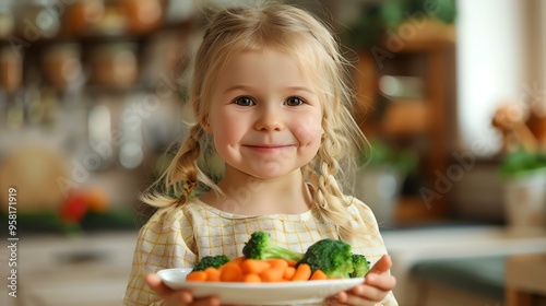 Girl holding plate with vegetables. AI generated image