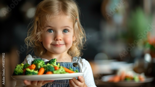 Girl holding plate with vegetables. AI generated image