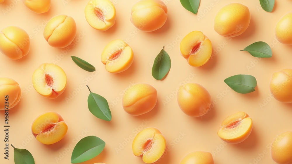 pattern of apricots with leaves on pastel yellow background pattern of apricots with leaves on pastel yellow background