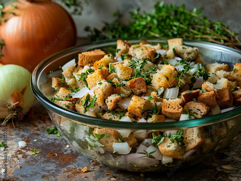 A detailed shot of a Thanksgiving stuffing mix being prepared with herbs onions and bread cubes in a glass mixing bowl on a rustic kitchen counter A detailed shot of a Thanksgiving stuffing mix being prepared with herbs onions and bread cubes in a glass mixing bowl on a rustic kitchen counter