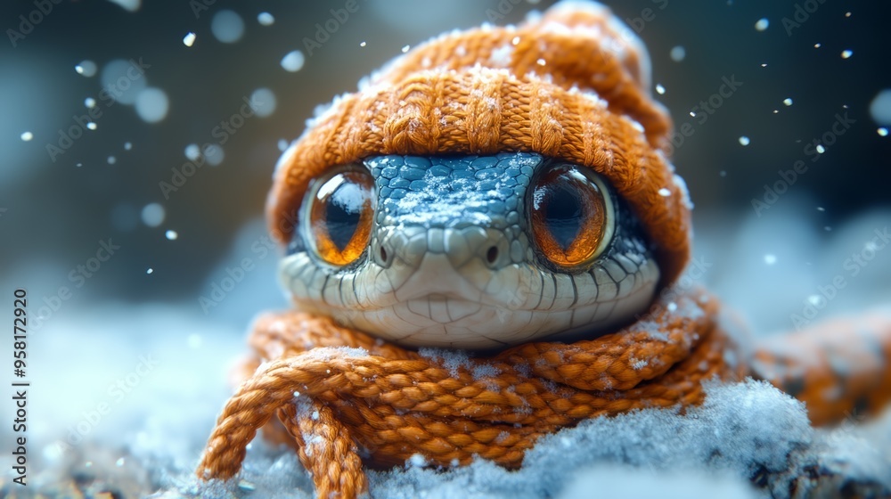 A cute, cartoonish lizard wearing an orange knitted hat and scarf, surrounded by a snowy landscape, capturing a whimsical and cozy winter vibe A cute, cartoonish lizard wearing an orange knitted hat and scarf, surrounded by a snowy landscape, capturing a whimsical and cozy winter vibe