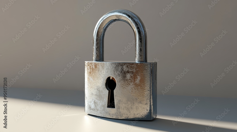 Naklejka premium A close-up view of a shiny metallic padlock, standing on a surface with soft lighting accentuating its features and keyhole