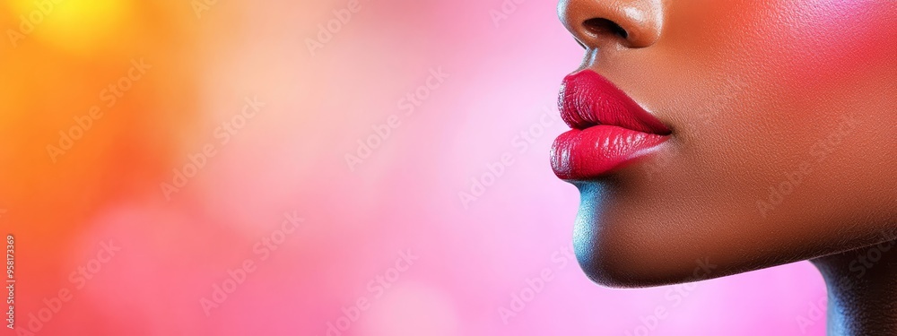 A woman's face, closely framed Bright pink and red lipstick against a vibrant pink and orange backdrop A woman's face, closely framed Bright pink and red lipstick against a vibrant pink and orange backdrop
