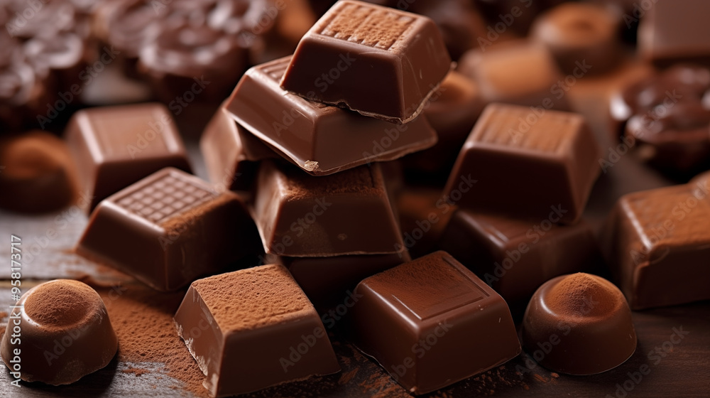 Pieces of milk chocolate bar on dark background. Sweet food is made of cocoa and sugar. Pieces of milk chocolate bar on dark background. Sweet food is made of cocoa and sugar.