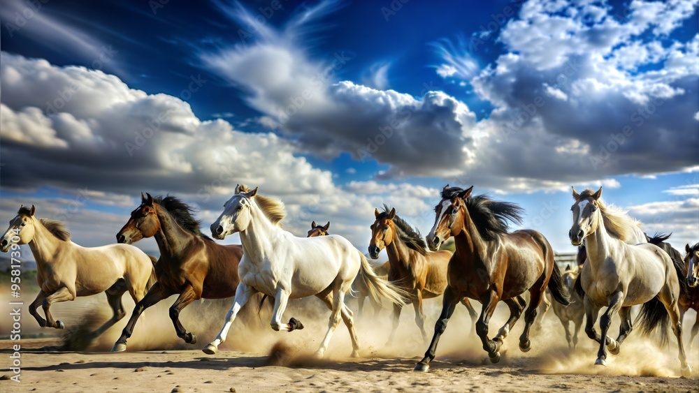Obraz premium horse herd run in desert sand storm