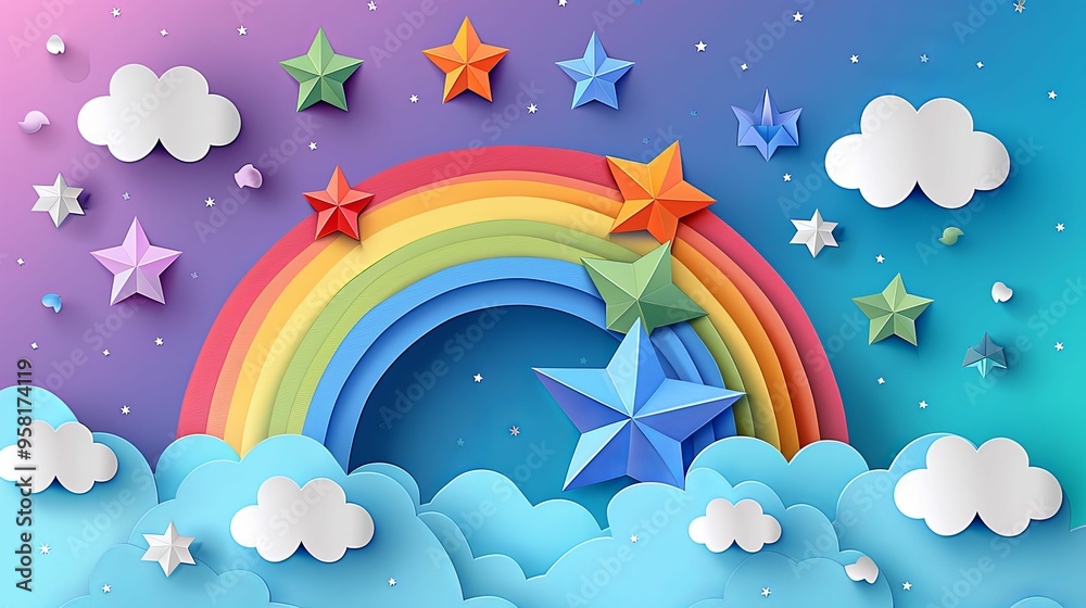 Paper-Cut Rainbow, Clouds, and Stars Paper-Cut Rainbow, Clouds, and Stars