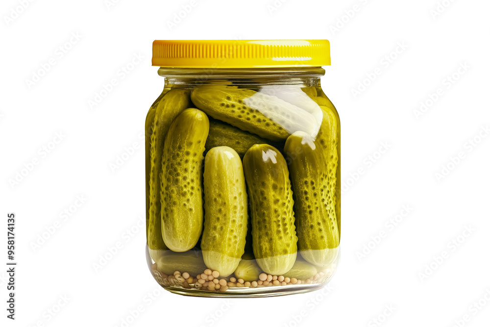 Jar of pickled cucumbers with metal lid isolated on white transparent background. Concept of preserved food and homemade pickles Jar of pickled cucumbers with metal lid isolated on white transparent background. Concept of preserved food and homemade pickles
