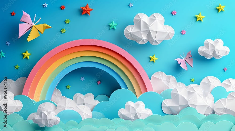 Colorful Paper Art Rainbow with Clouds and Butterflies Colorful Paper Art Rainbow with Clouds and Butterflies