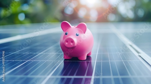 Pink piggy bank on solar panel background, concept of financial private eco friendly and energy axenization,