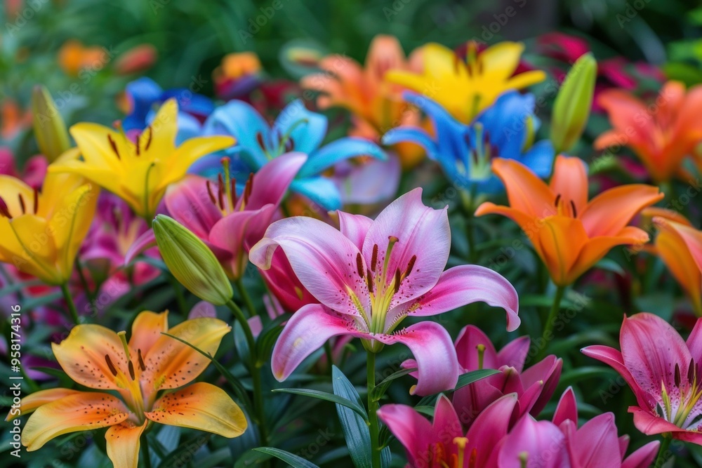 Vibrant array of lilies blooming in a garden, showcasing their beautiful colors Vibrant array of lilies blooming in a garden, showcasing their beautiful colors