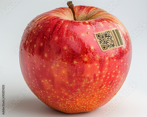 A single red apple with a barcode and QR code label