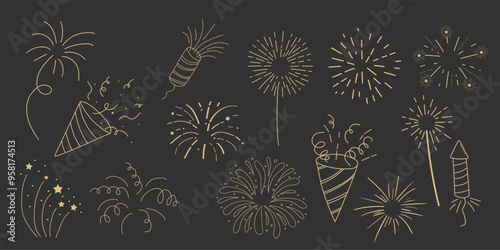 Set gold fireworks, firecrackers golden burst, rays festive doodle sparkle lights isolated on dark background.Celebration, Party Icon, Anniversary, New Year Eve, independence