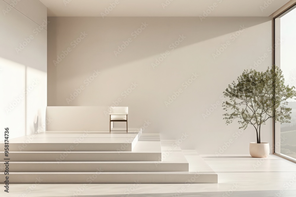 Fototapeta premium Explore a beautifully designed open house highlighted by minimalist features, a clean aesthetic, and a tranquil ambiance, inviting visitors to experience its unique charm and spacious layout.