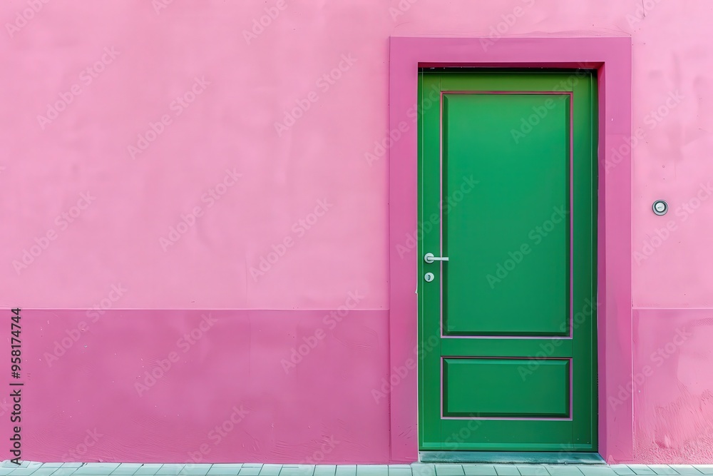 A striking green door stands against a vivid pink wall, setting the stage for an engaging open house. The clean background enhances the doors inviting charm, beckoning visitors to step inside. A striking green door stands against a vivid pink wall, setting the stage for an engaging open house. The clean background enhances the doors inviting charm, beckoning visitors to step inside.