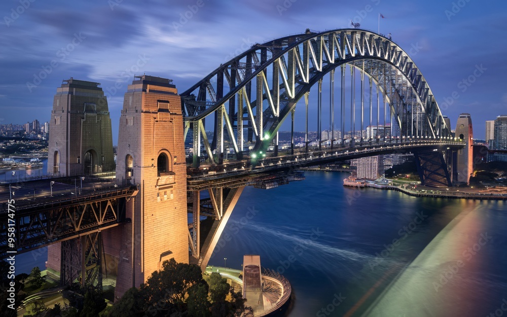 Obraz premium Aerial View of Sydney Harbour Bridge: Dynamic Cityscape Background