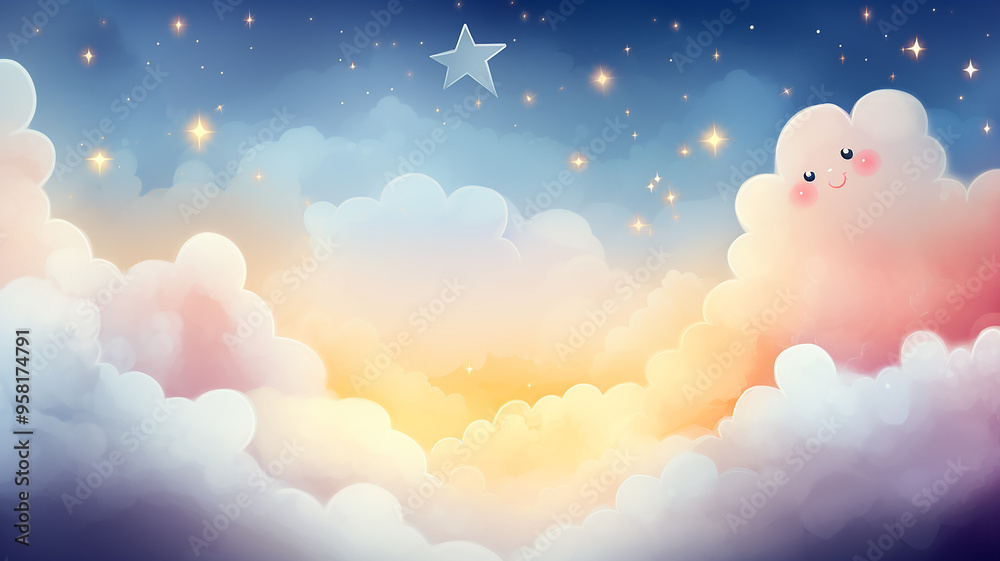 Funny stars in the clouds, an emotional character with eyes and a smile, watercolor background image for children