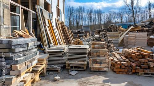 urban mining zero waste, sorted piles of construction materials windows wood bricks steel concrete, sustainable material recycling, reuse architecture, city sustainability, life cycle