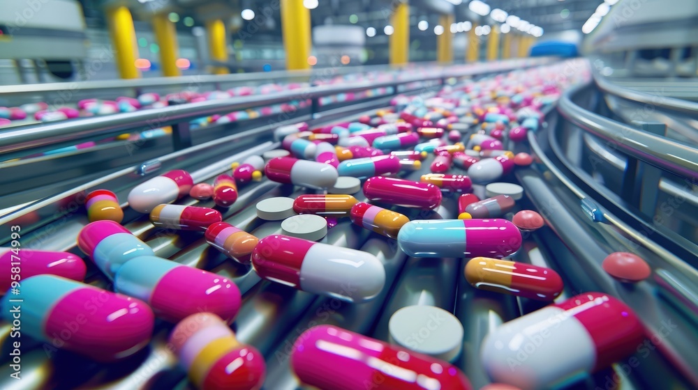 Obraz premium Photo of a pills production line in action with colorful and various capsule medicines on the conveyor belt, taken from a high angle shot with natural light and cinematic lighting