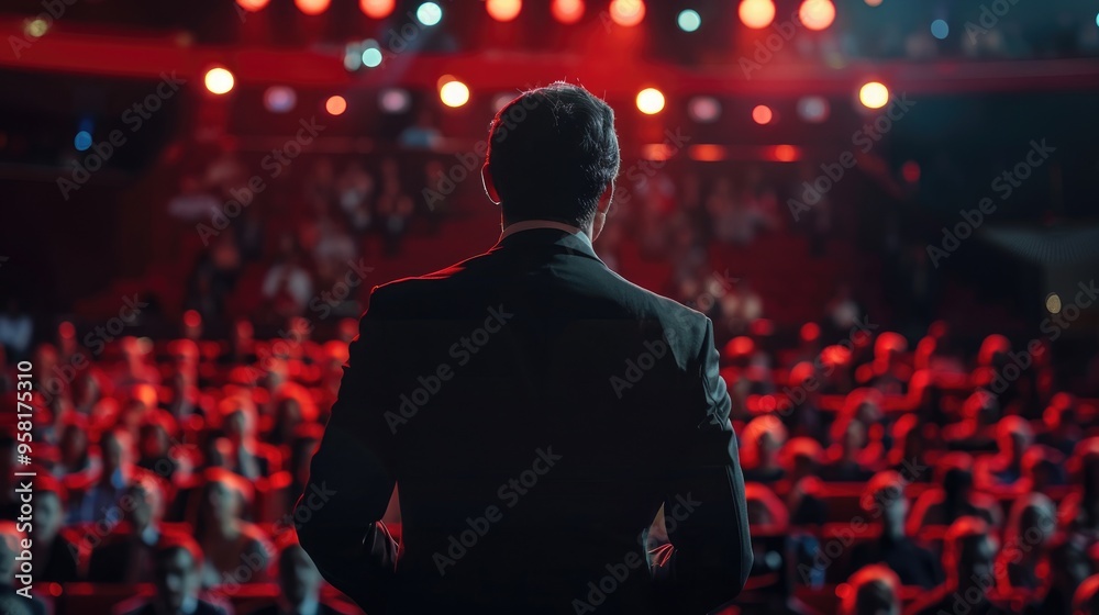 Rear view of man in suit giving presentation on stage with large audience, bright lights, cinematic, hyperrealist photography. Rear view of man in suit giving presentation on stage with large audience, bright lights, cinematic, hyperrealist photography.