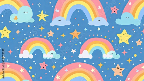 Cartoon Rainbows, Stars, and Clouds on Blue Background