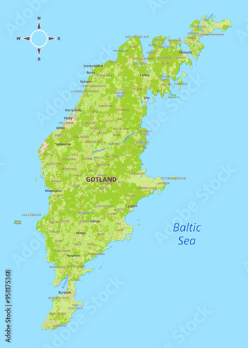 Gotland Island, Sweden detailed political physical map