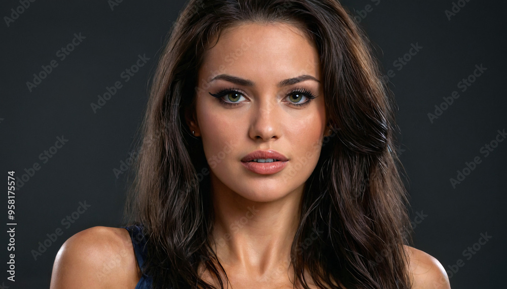 Portrait visage femme brune belle sexy beauté modèle mannequin studio cheveux longs marron. Portrait visage femme brune belle sexy beauté modèle mannequin studio cheveux longs marron.
