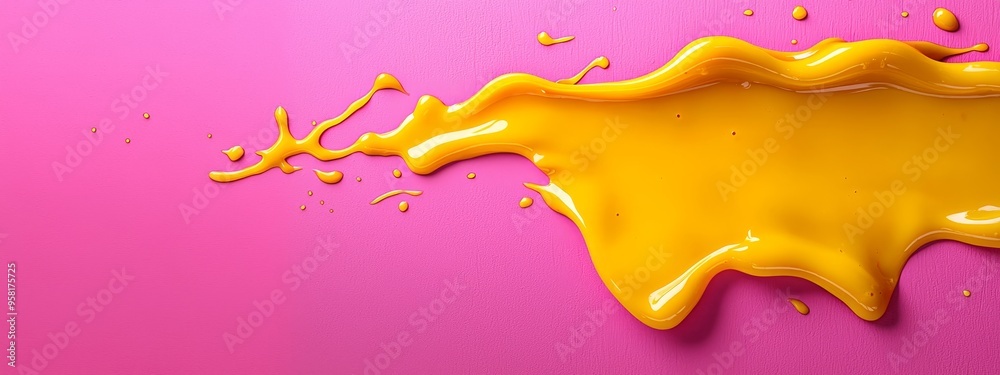 A pink backdrop features a yellow liquid splattering from the top, pooling at the bottom A pink backdrop features a yellow liquid splattering from the top, pooling at the bottom