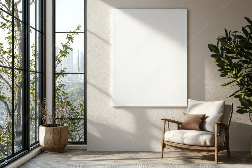 Poster Frame in Beige minimalist living room interior created with generative AI
