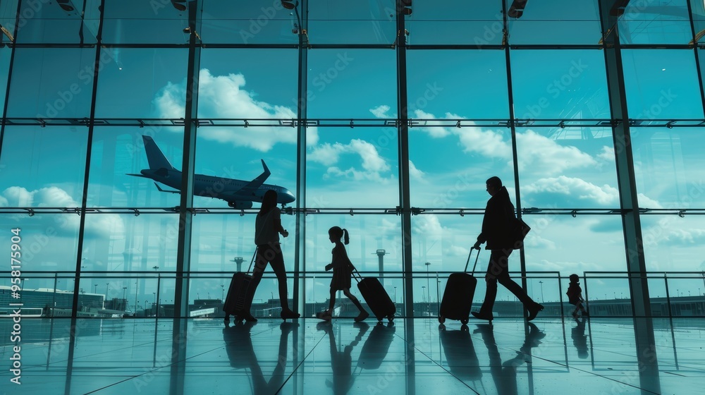 People walking in the airport terminal, silhouettes of people against the window and plane outside. The artwork depicts a travel concept