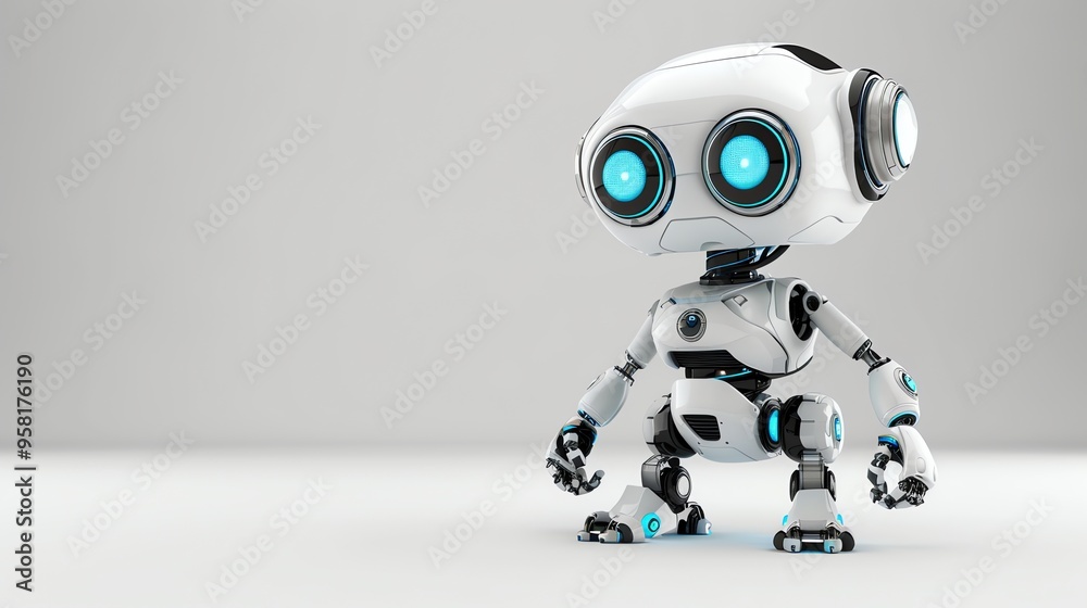 A white robot with blue eyes and glowing lights standing against a white background. A white robot with blue eyes and glowing lights standing against a white background.