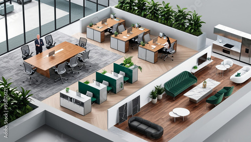 Isometric illustration of dynamic office design,