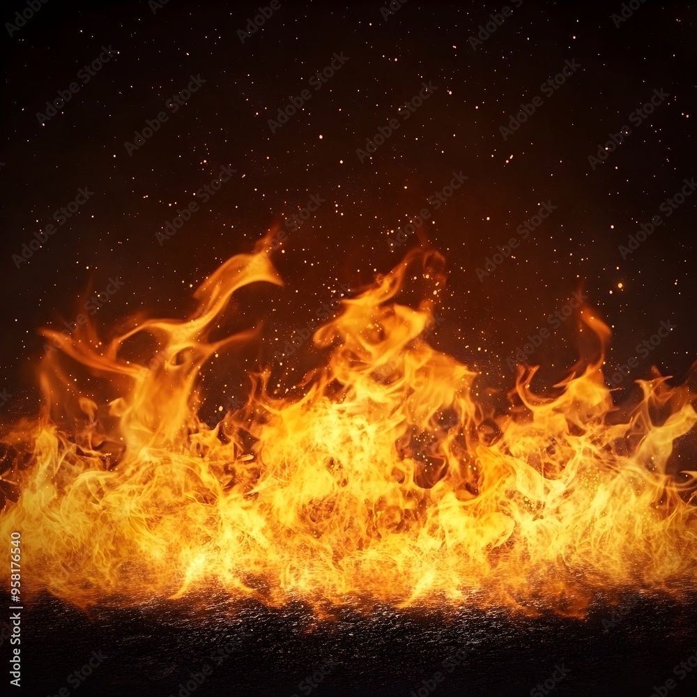 Fototapeta premium and Dramatic Burning Flames with Bright Orange and Yellow Fiery Textures Isolating on Dark Background