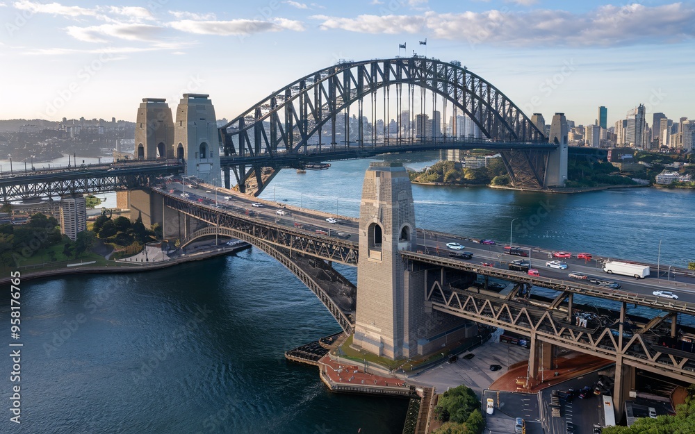 Naklejka premium Aerial View of Sydney Harbour Bridge: Dynamic Cityscape Background