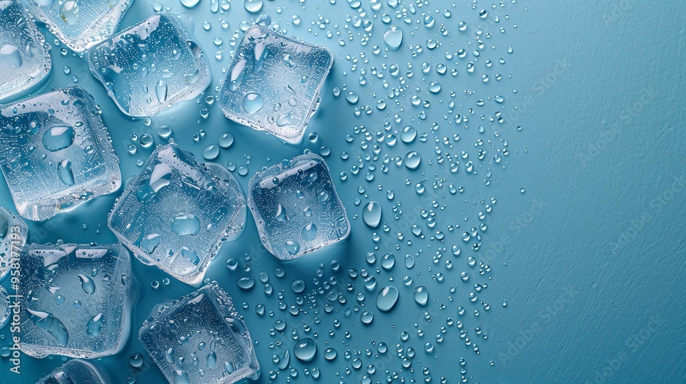Ice Cubes Melting on Blue Background with Water Droplets Ice Cubes Melting on Blue Background with Water Droplets