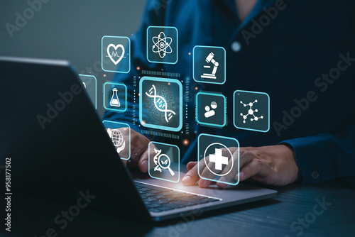 Obraz na plátně Biotechnology Concept: Businessman Uses a laptop on Biotechnology Icons representing digital health technology, Research, Development, Innovation, Advancing Smart Solutions from Digital Technology