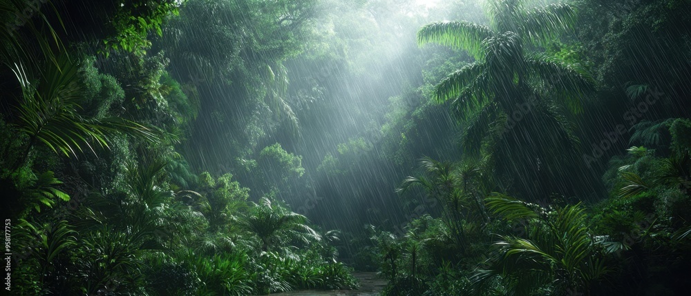 Fototapeta premium Lush rainforest moving from a humid sunny day to a heavy downpour with thick mist rising