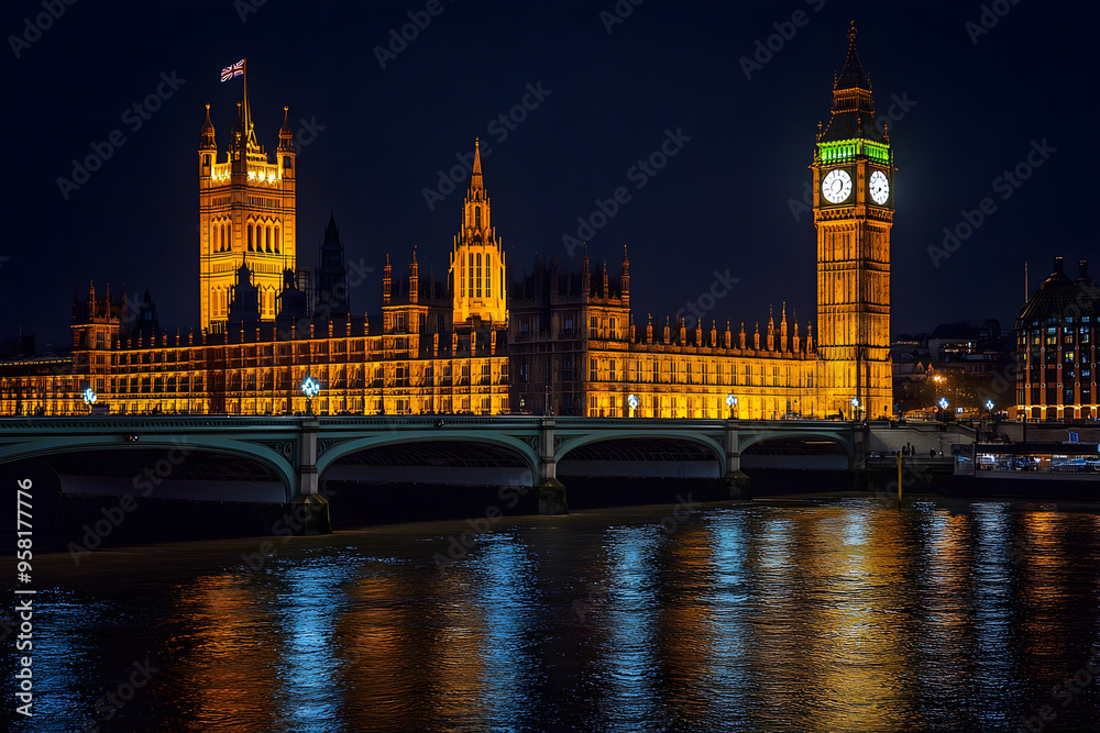 Naklejka premium Night View of Big Ben and Houses of Parliament London