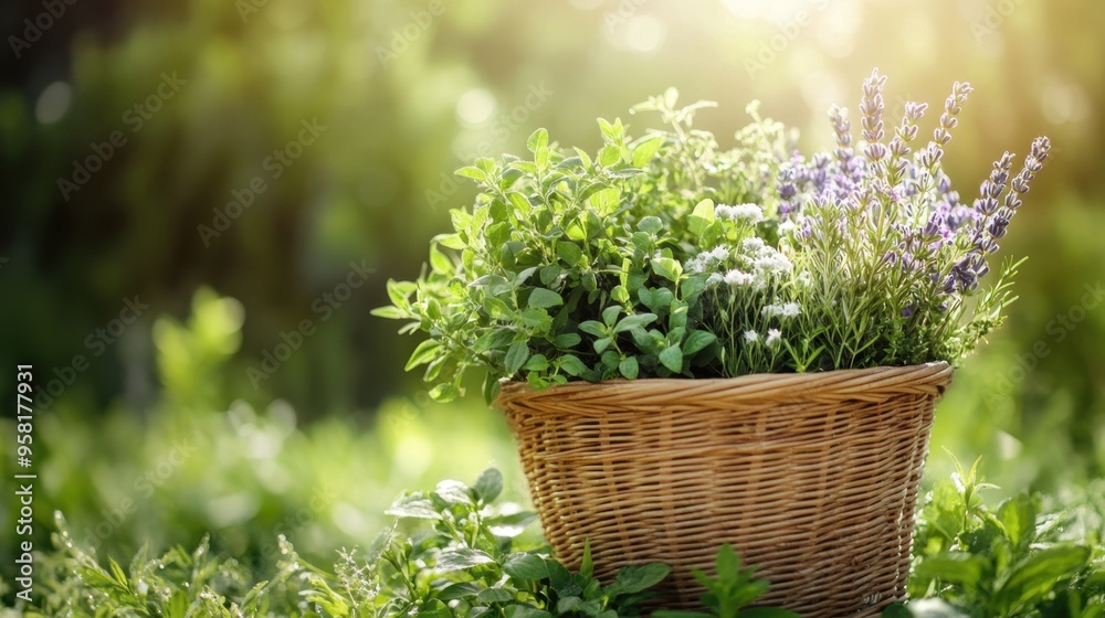 Freshly harvested herbs in wicker basket with morning dew natural healing outdoor scene countryside Freshly harvested herbs in wicker basket with morning dew natural healing outdoor scene countryside
