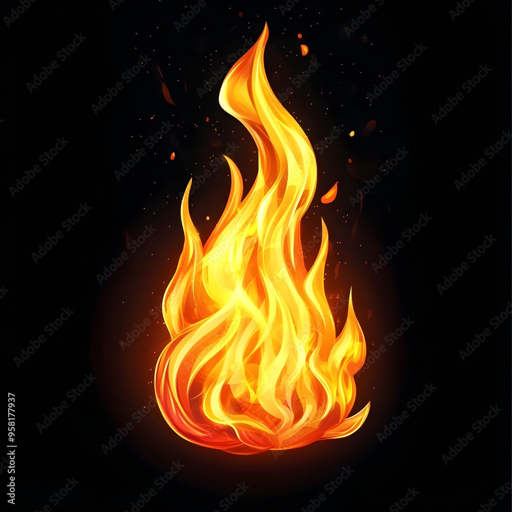 Fiery Blaze of Cartoon Style Flames Isolated Against a Dark Background Fiery Blaze of Cartoon Style Flames Isolated Against a Dark Background