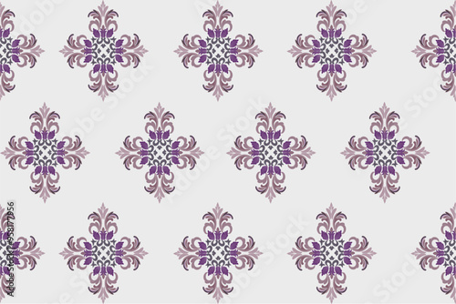 Seamless geometric ikat fabric, European native damask pattern, brown, light brown flowers, white background, vector illustration, wallpaperseamless floral pattern
