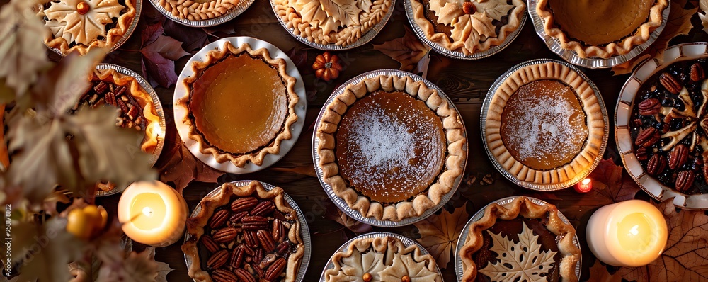 Thanksgiving pie buffet with a variety of pies including pumpkin pecan and apple each in ornate pie dishes set against a backdrop of autumn leaves and candles Thanksgiving pie buffet with a variety of pies including pumpkin pecan and apple each in ornate pie dishes set against a backdrop of autumn leaves and candles