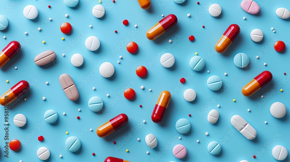 Colorful Pills and Capsules Scattered on a Blue Background Colorful Pills and Capsules Scattered on a Blue Background