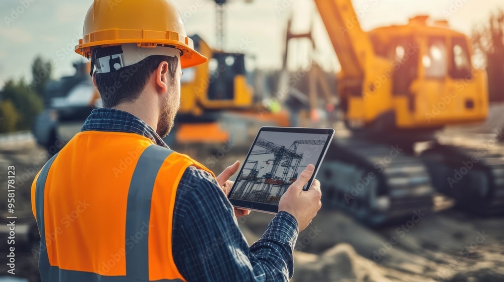 An engineer with a tablet monitors construction site operations with cranes and loaders visible, capturing the essence of field engineering An engineer with a tablet monitors construction site operations with cranes and loaders visible, capturing the essence of field engineering